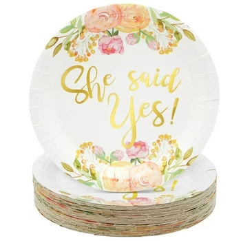 48-Pack Gold Foil She Said Yes Plates for Engagement Party, Bridal Shower Decorations, Disposable Bachelorette Supplies, Wedding Celebration, Floral Design (9 in)