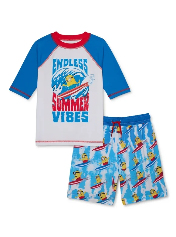 Minions Boys Long Sleeve Rashguard and Swim Shorts with UPF 50, 2-Piece, Sizes 4-12